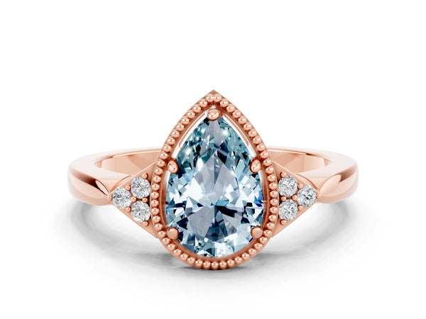 Rose gold Pear Cut Aquamarine Halo Ring with Tapered Band and Four-Prong Setting