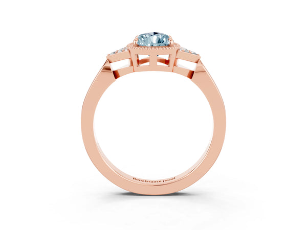 Rose gold Pear Cut Aquamarine Halo Ring with Tapered Band and Four-Prong Setting