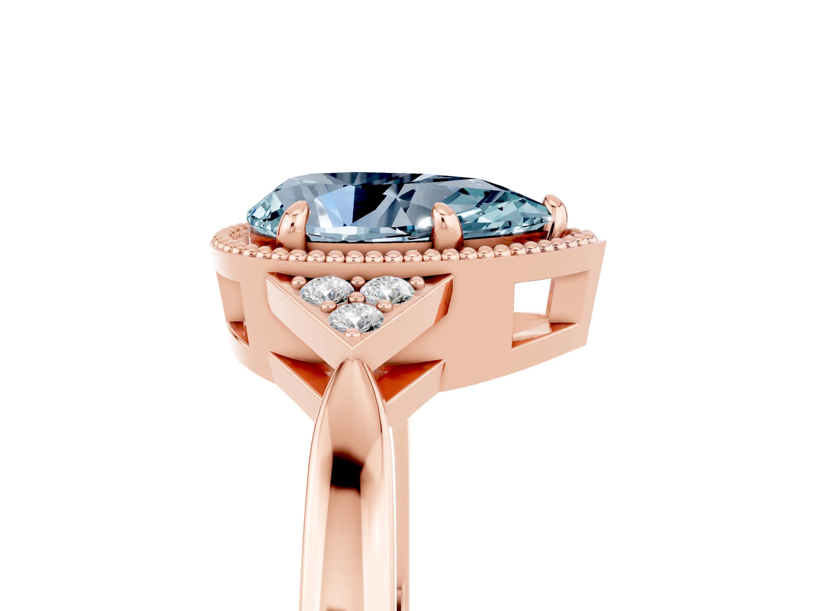 Rose gold Pear Cut Aquamarine Halo Ring with Tapered Band and Four-Prong Setting_5