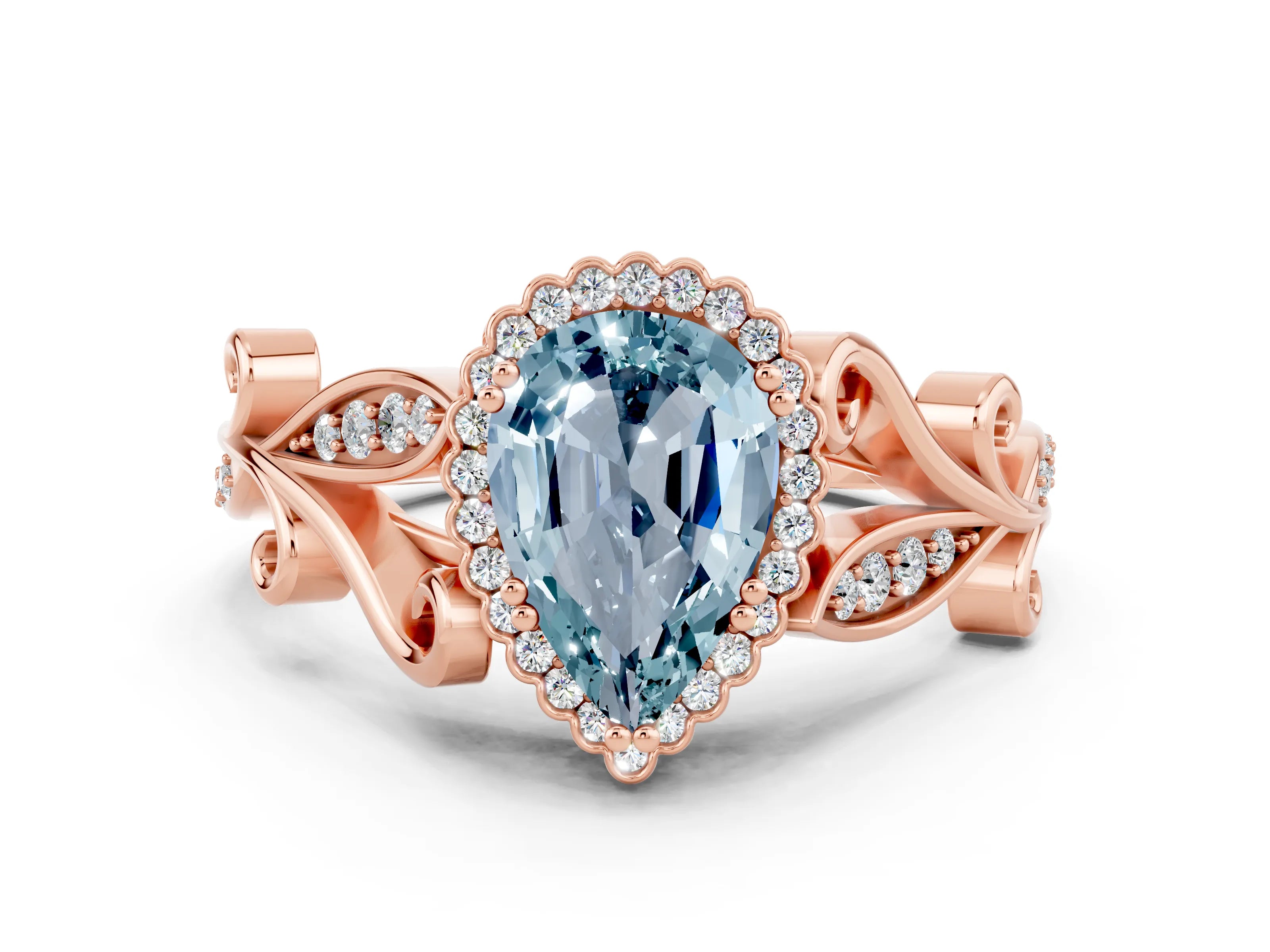 Rose gold Pear Cut Aquamarine Halo Ring with Vintage Split Shank and Four-Prong Setting