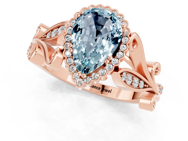 Rose gold Pear Cut Aquamarine Halo Ring with Vintage Split Shank and Four-Prong Setting