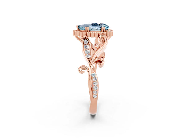 Rose gold Pear Cut Aquamarine Halo Ring with Vintage Split Shank and Four-Prong Setting
