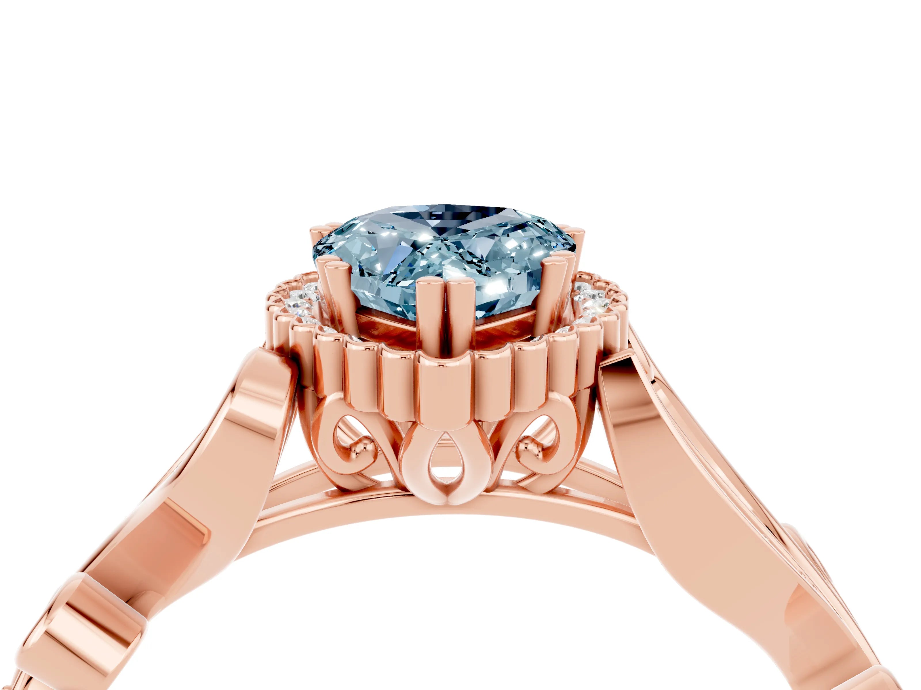 Rose gold Pear Cut Aquamarine Halo Ring with Vintage Split Shank and Four-Prong Setting_4