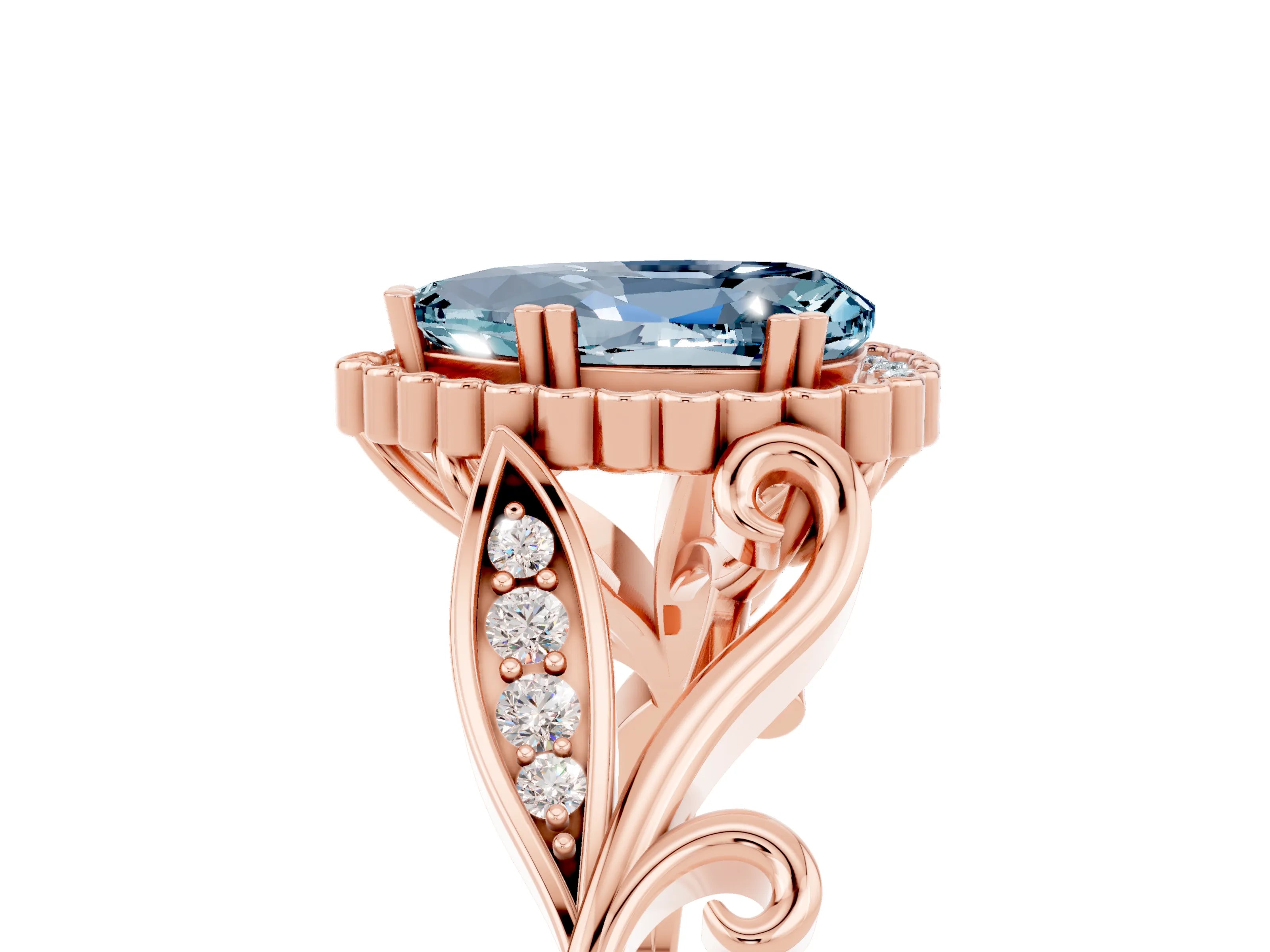 Rose gold Pear Cut Aquamarine Halo Ring with Vintage Split Shank and Four-Prong Setting_5