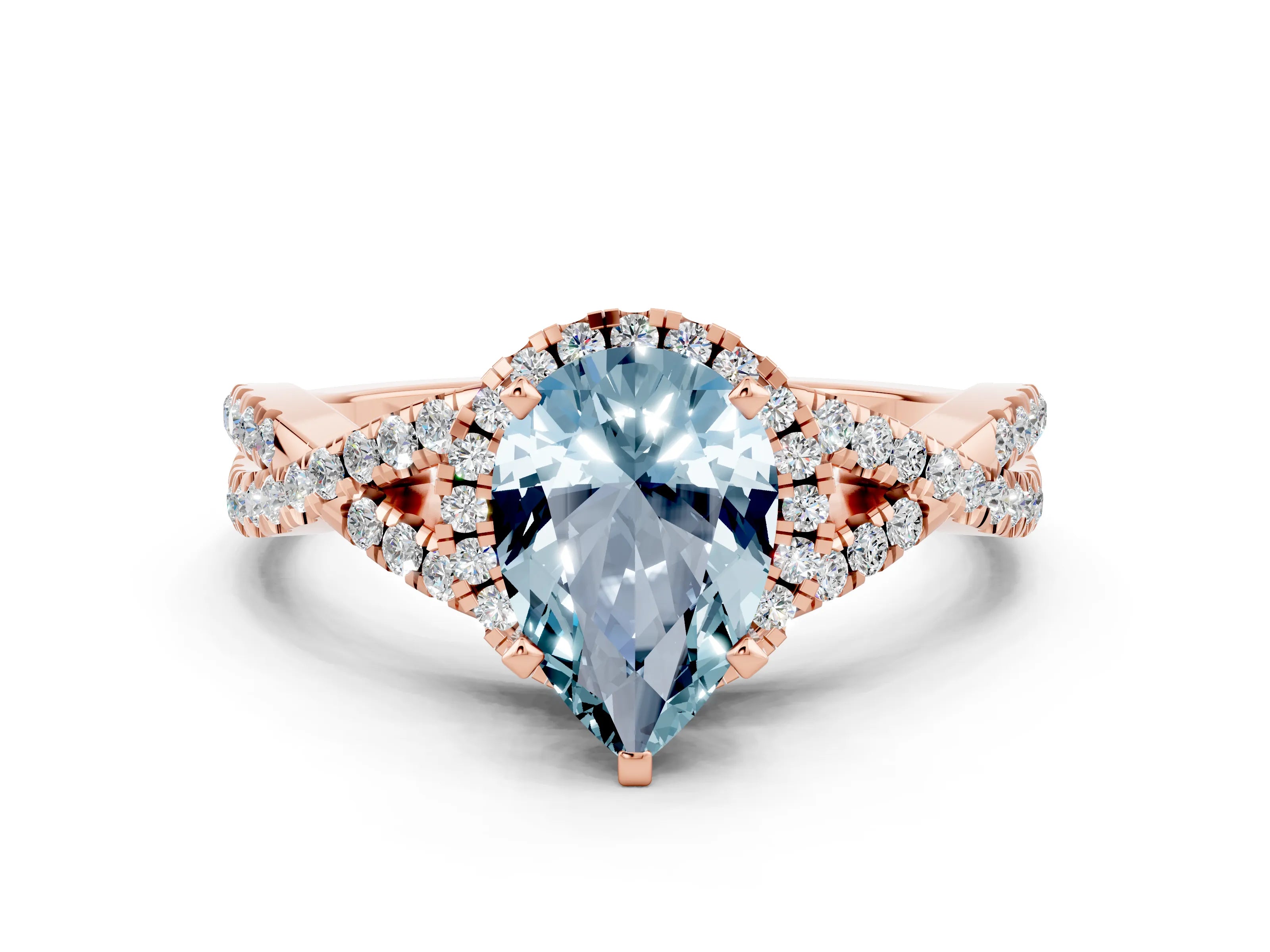 Rose gold Pear Cut Aquamarine Halo Twist Band Solitaire Prong Setting Ring
