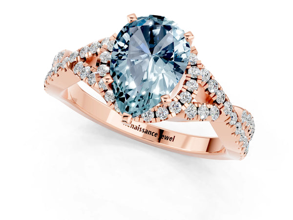 Rose gold Pear Cut Aquamarine  Halo Twist Band Solitaire Prong Setting Ring