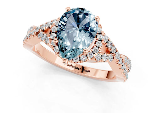 Rose gold Pear Cut Aquamarine Halo Twist Band Solitaire Prong Setting Ring_1