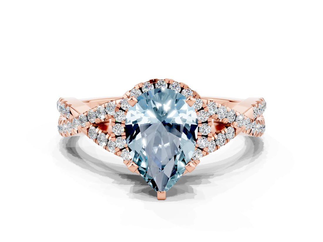 Rose gold Pear Cut Aquamarine  Halo Twist Band Solitaire Prong Setting Ring_36