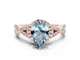 Rose gold Pear Cut Aquamarine  Halo Twist Band Solitaire Prong Setting Ring_36