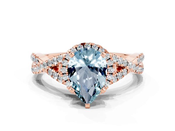 Rose gold Pear Cut Aquamarine  Halo Twist Band Solitaire Prong Setting Ring