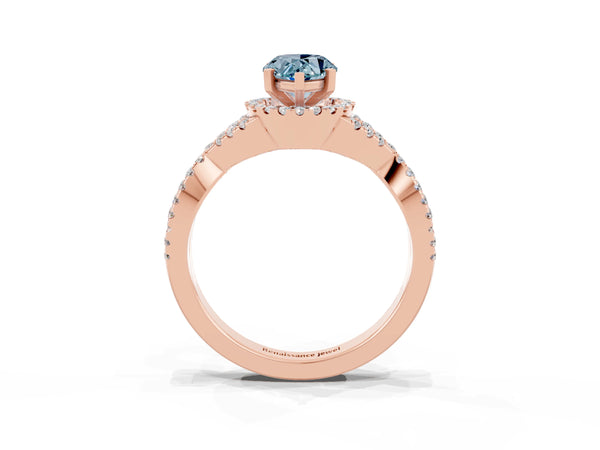 Rose gold Pear Cut Aquamarine  Halo Twist Band Solitaire Prong Setting Ring