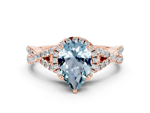 Rose gold Pear Cut Aquamarine Halo Twist Band Solitaire Prong Setting Ring