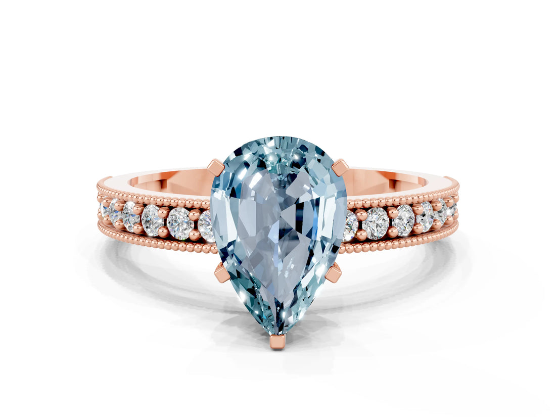 Rose gold Pear Cut Aquamarine Milgrain Pavé Engagement Ring with Four-Prong Setting