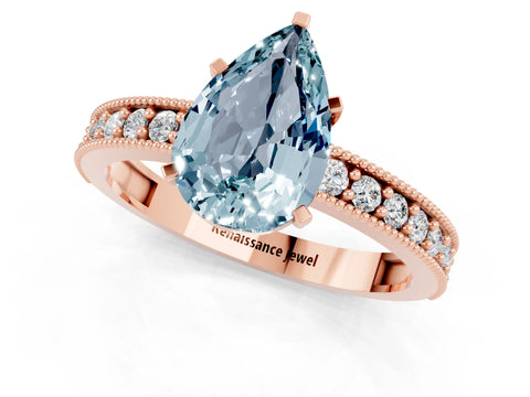 Rose gold Pear Cut Aquamarine Milgrain Pavé Engagement Ring with Four-Prong Setting_1