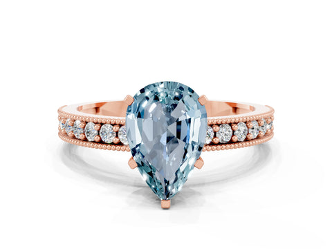 Rose gold Pear Cut Aquamarine Milgrain Pavé Engagement Ring with Four-Prong Setting