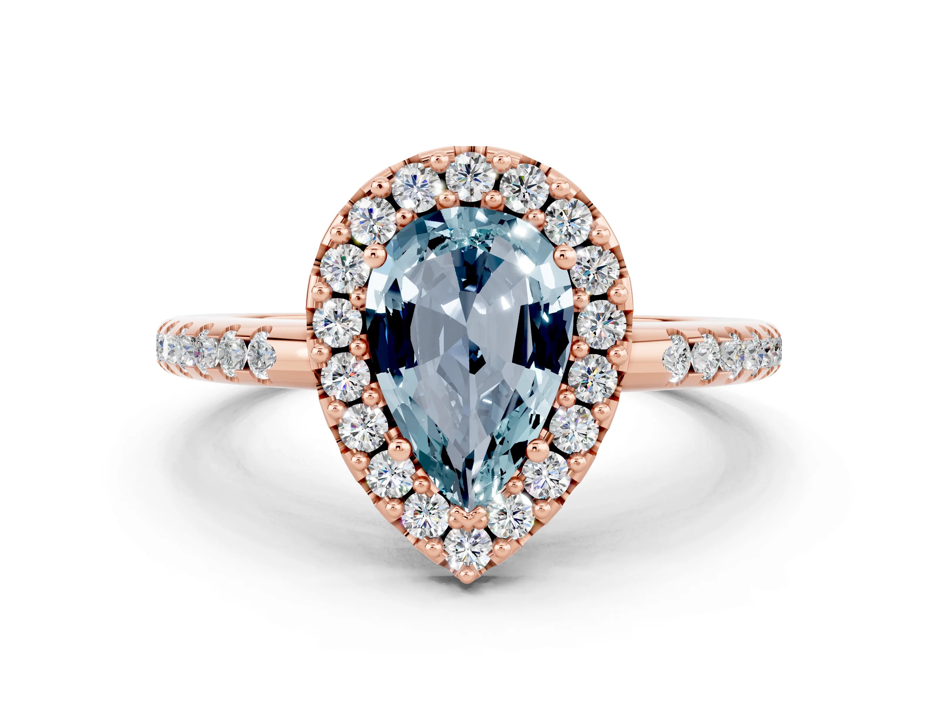 Rose gold Pear Cut Aquamarine Pavé Halo Ring with Four-Prong Setting_12