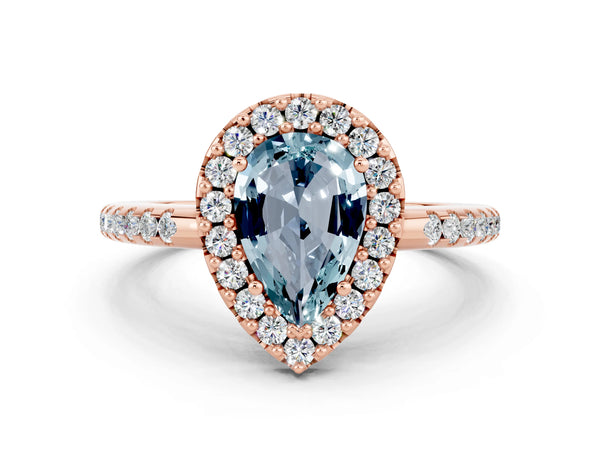 Rose gold Pear Cut Aquamarine Pavé Halo Ring with Four-Prong Setting