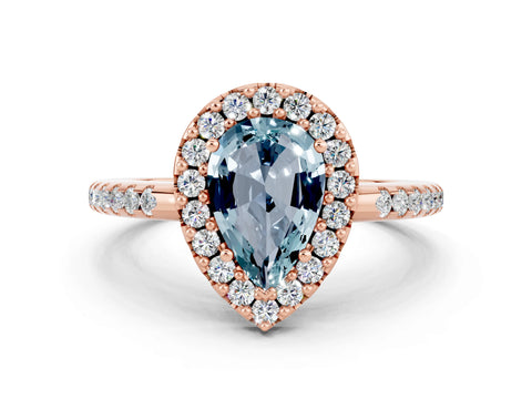 Rose gold Pear Cut Aquamarine Pavé Halo Ring with Four-Prong Setting_12