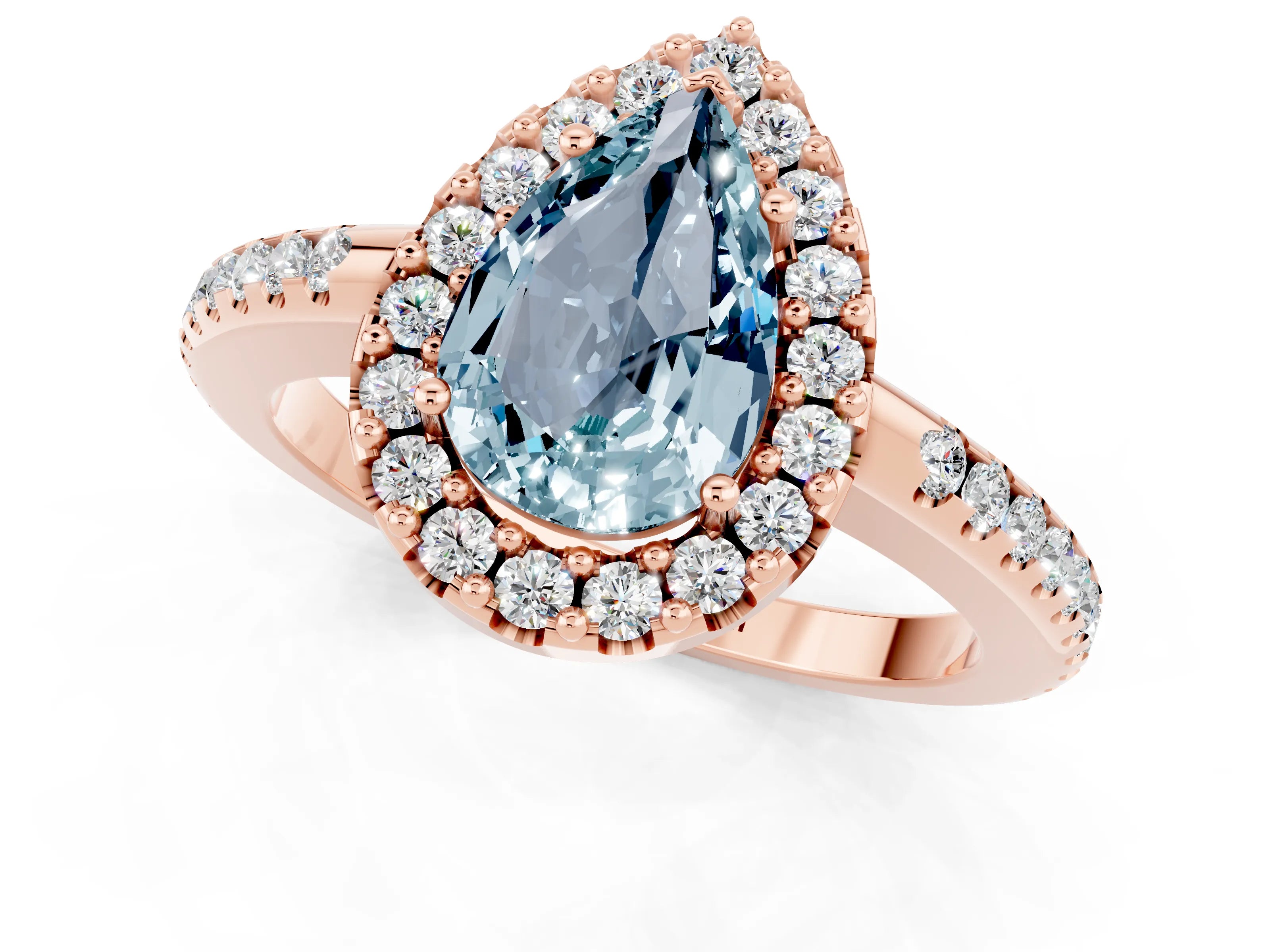 Rose gold Pear Cut Aquamarine Pavé Halo Ring with Four-Prong Setting_13