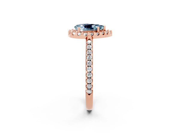 Rose gold Pear Cut Aquamarine Pavé Halo Ring with Four-Prong Setting