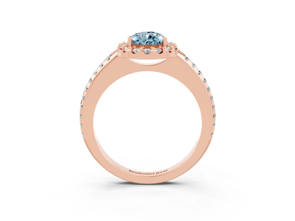 Rose gold Pear Cut Aquamarine Pavé Halo Ring with Four-Prong Setting