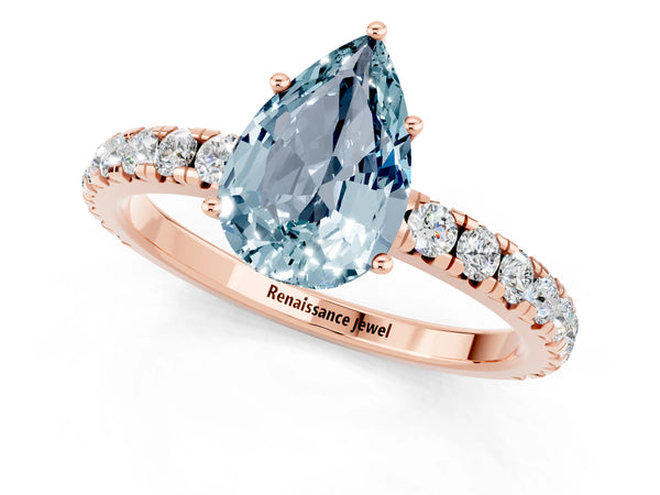 Rose gold Pear Cut Aquamarine Pavé Solitaire Engagement Ring with Four-Prong Setting