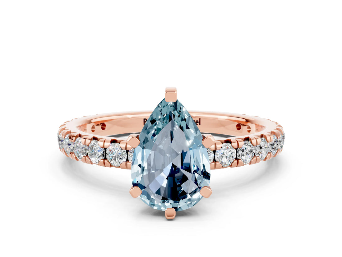Rose gold Pear Cut Aquamarine Pavé Solitaire Ring with Round Band and Prong Setting_24