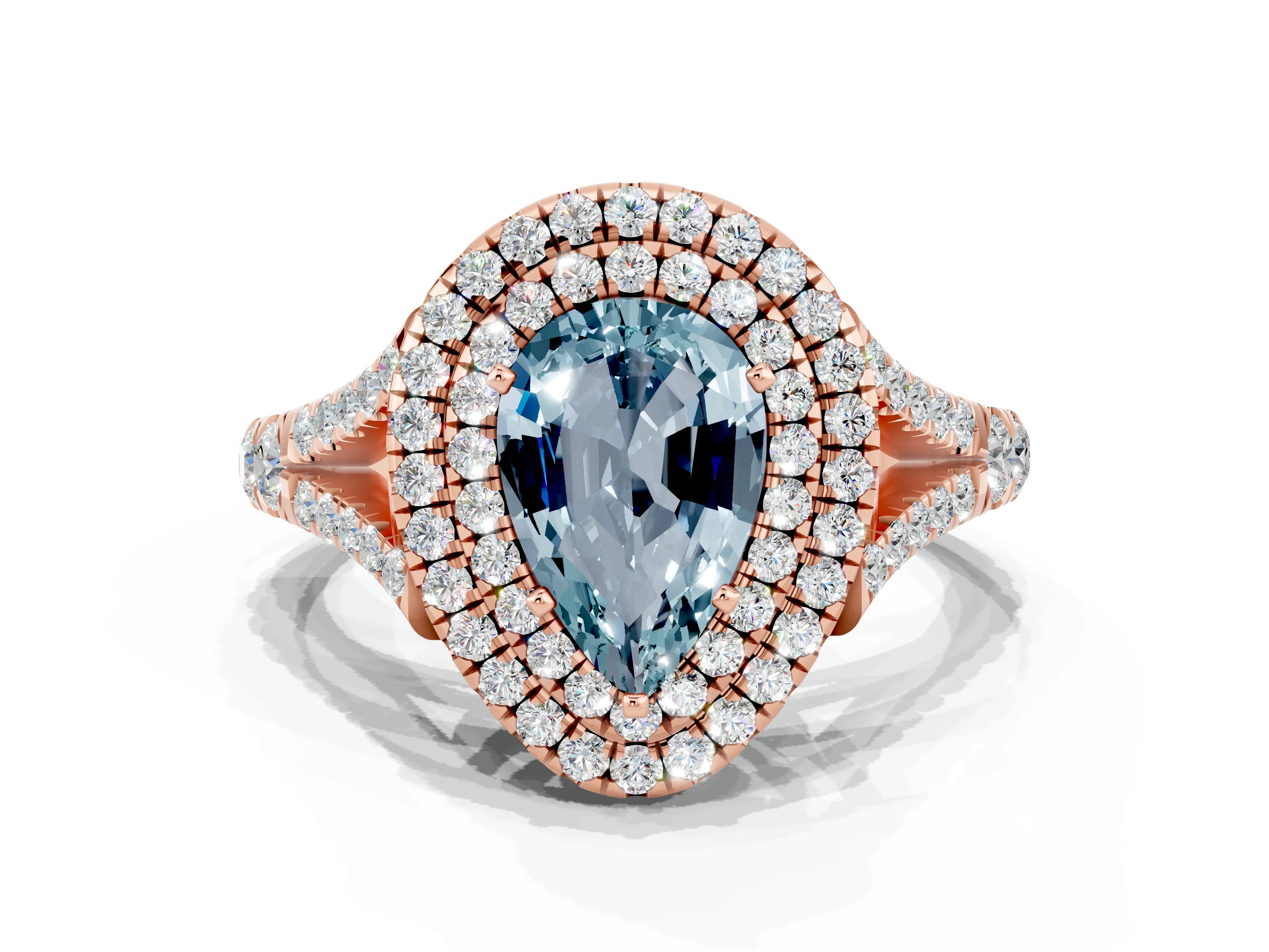 Rose gold Pear Cut Aquamarine Pavé Split Shank Double Halo Engagement Ring