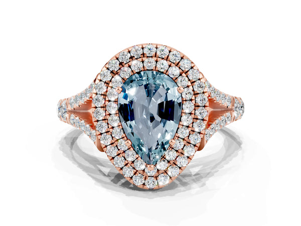 Rose gold Pear Cut Aquamarine Pavé Split Shank Double Halo Engagement Ring
