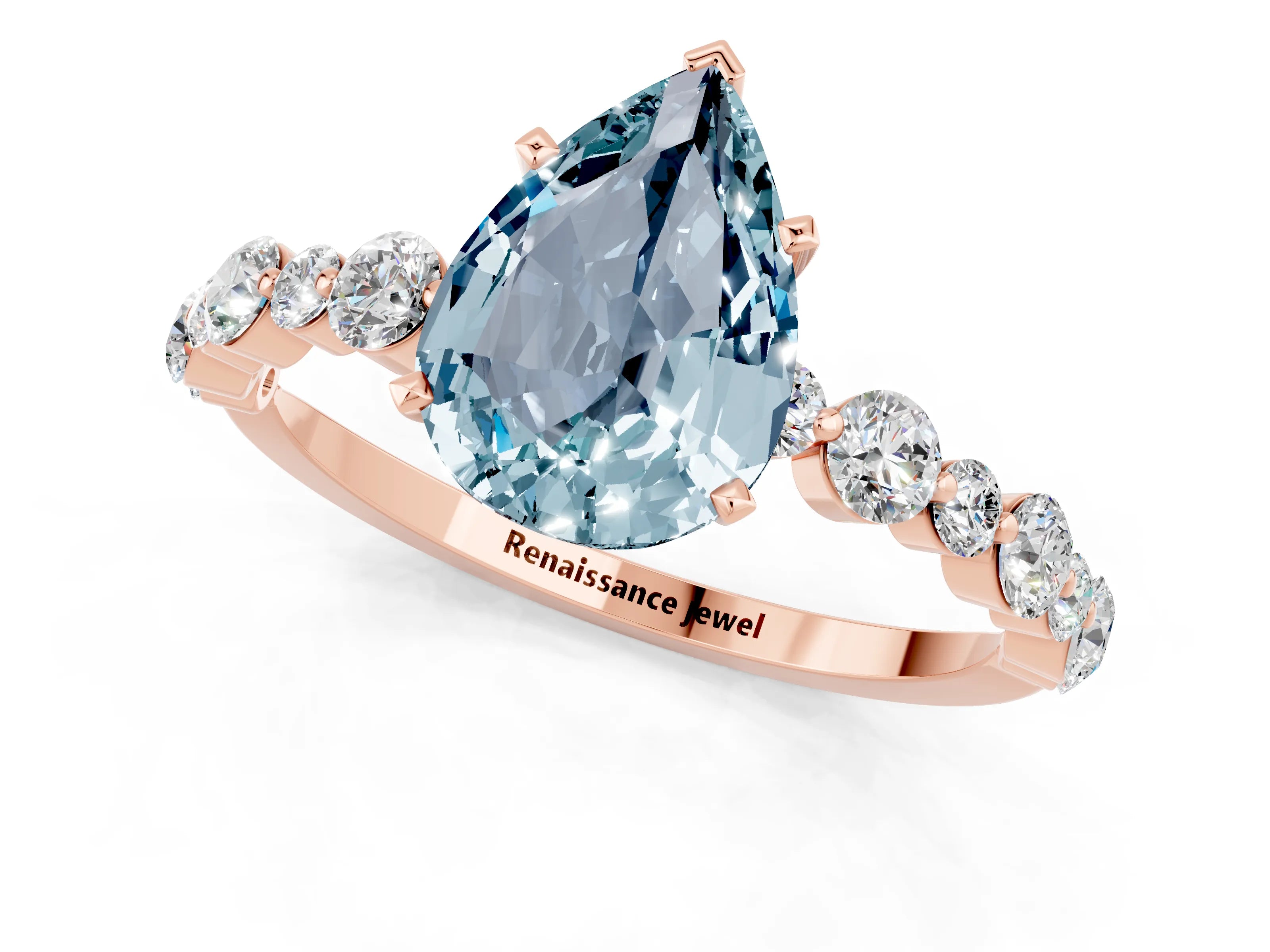 Rose gold Pear Cut Aquamarine Prong Set Engagement Ring with Pavé Band_1