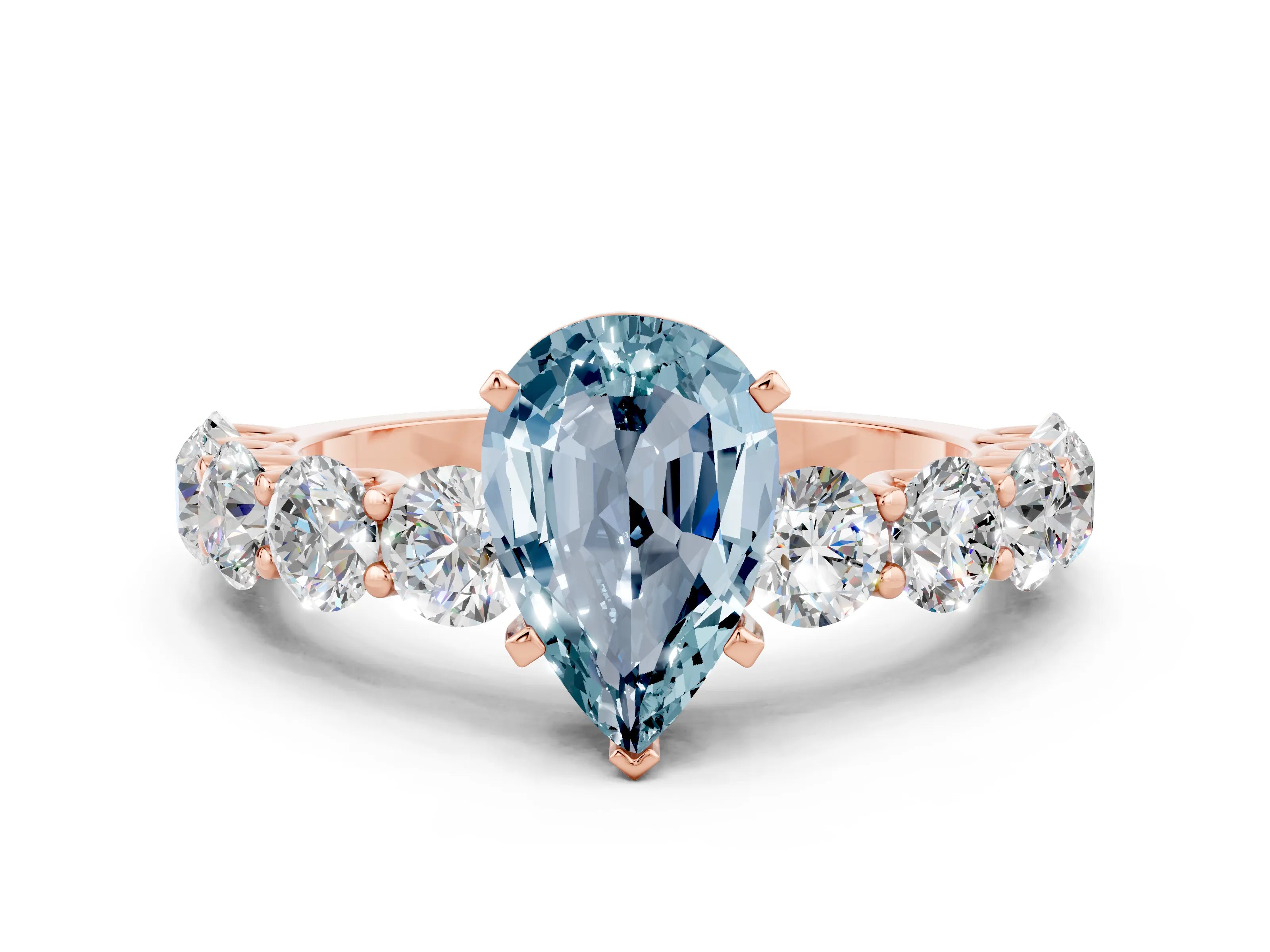 Rose gold Pear Cut Aquamarine Prong Setting with Side Stones on a Pave Band