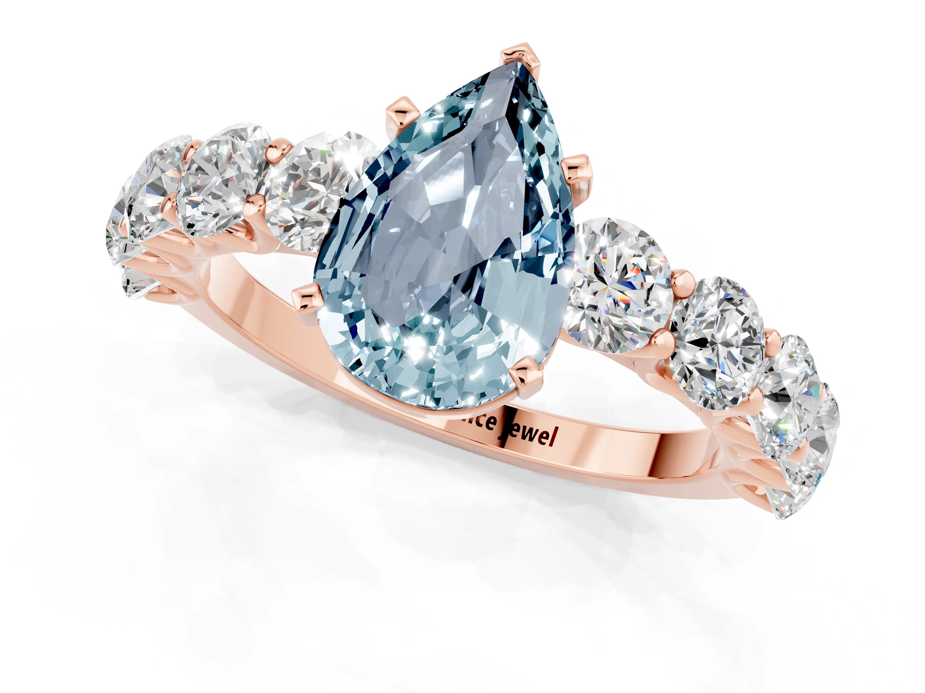 Rose gold Pear Cut Aquamarine Prong Setting with Side Stones on a Pave Band_1