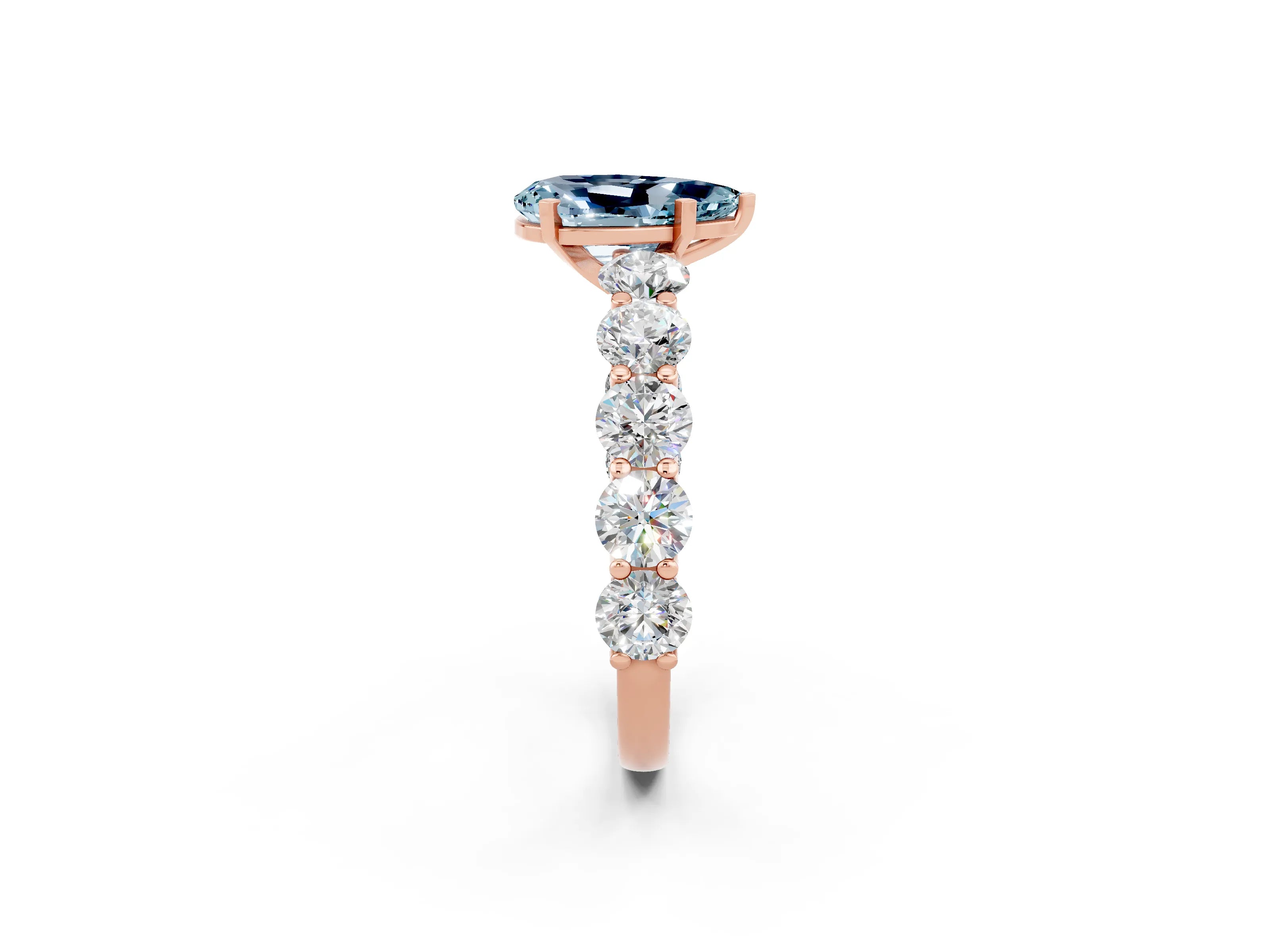 Rose gold Pear Cut Aquamarine Prong Setting with Side Stones on a Pave Band_2