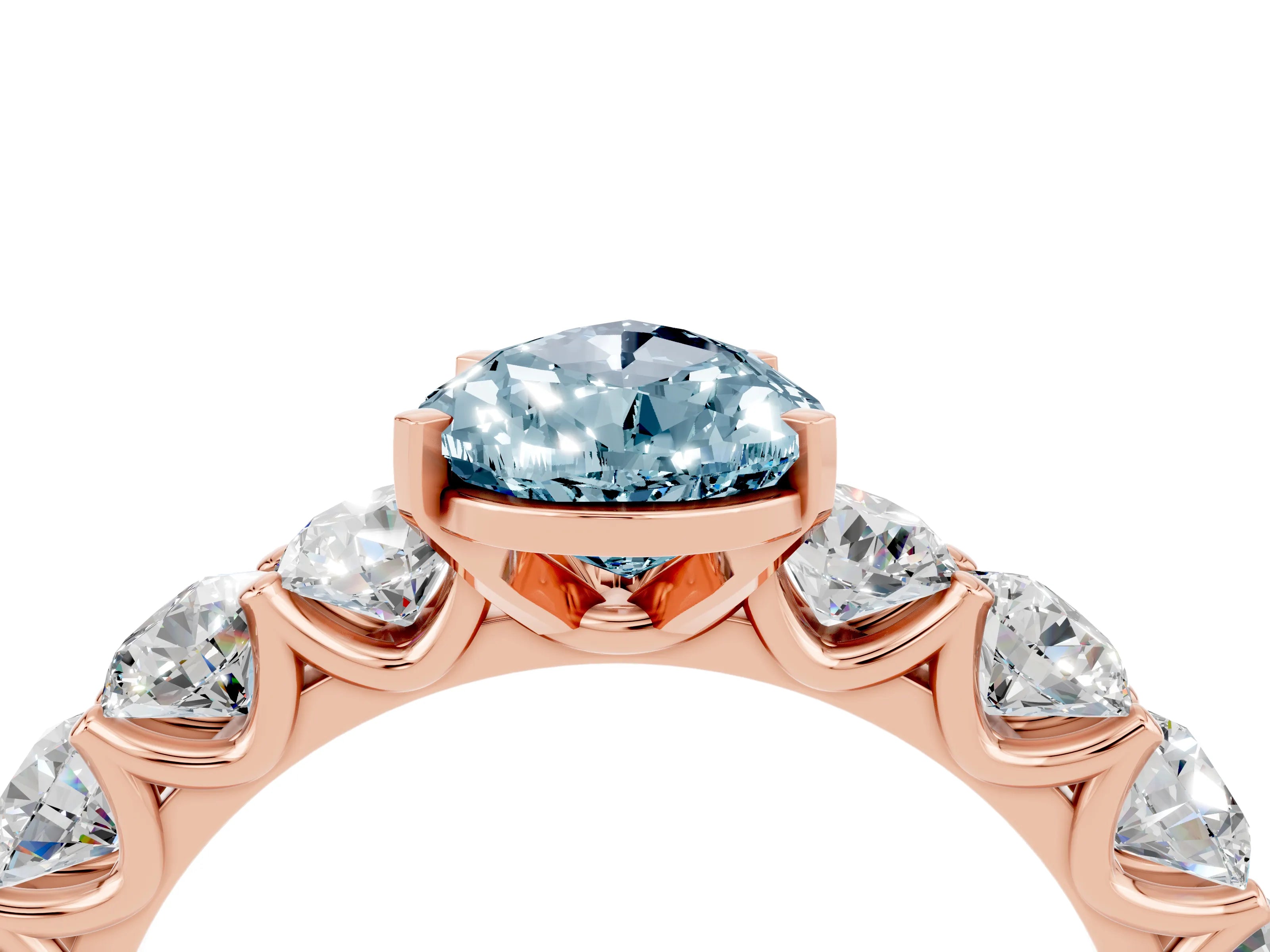 Rose gold Pear Cut Aquamarine Prong Setting with Side Stones on a Pave Band_4