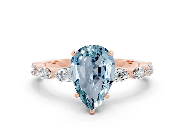 Rose gold Pear Cut Aquamarine Ring with Marquise Side Stones and Prong Setting