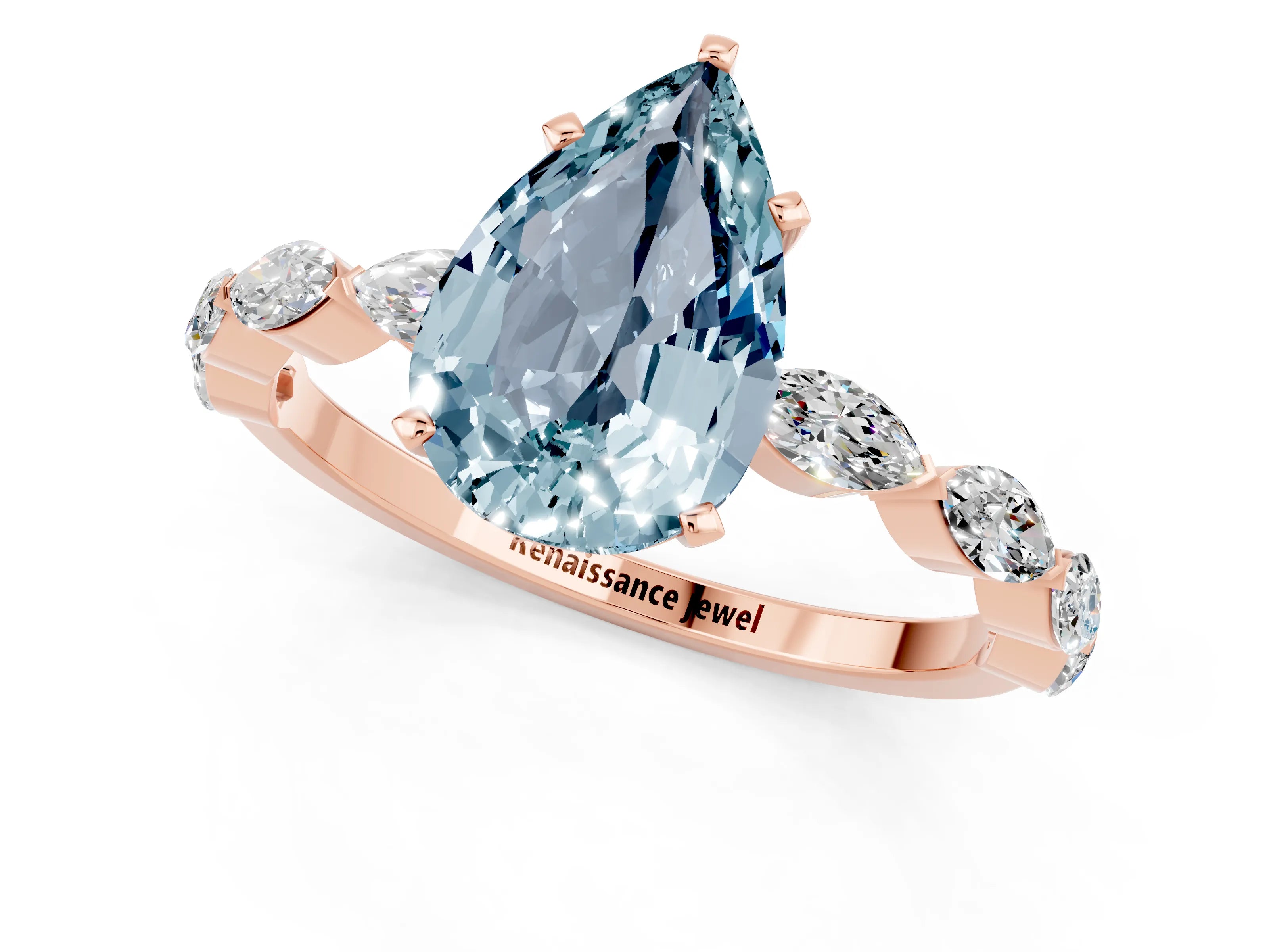 Rose gold Pear Cut Aquamarine Ring with Marquise Side Stones and Prong Setting_1
