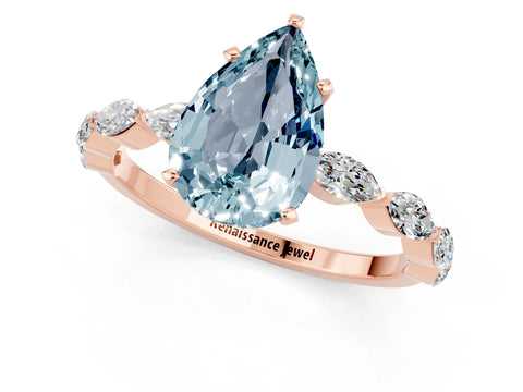 Rose gold Pear Cut Aquamarine Ring with Marquise Side Stones and Prong Setting_1