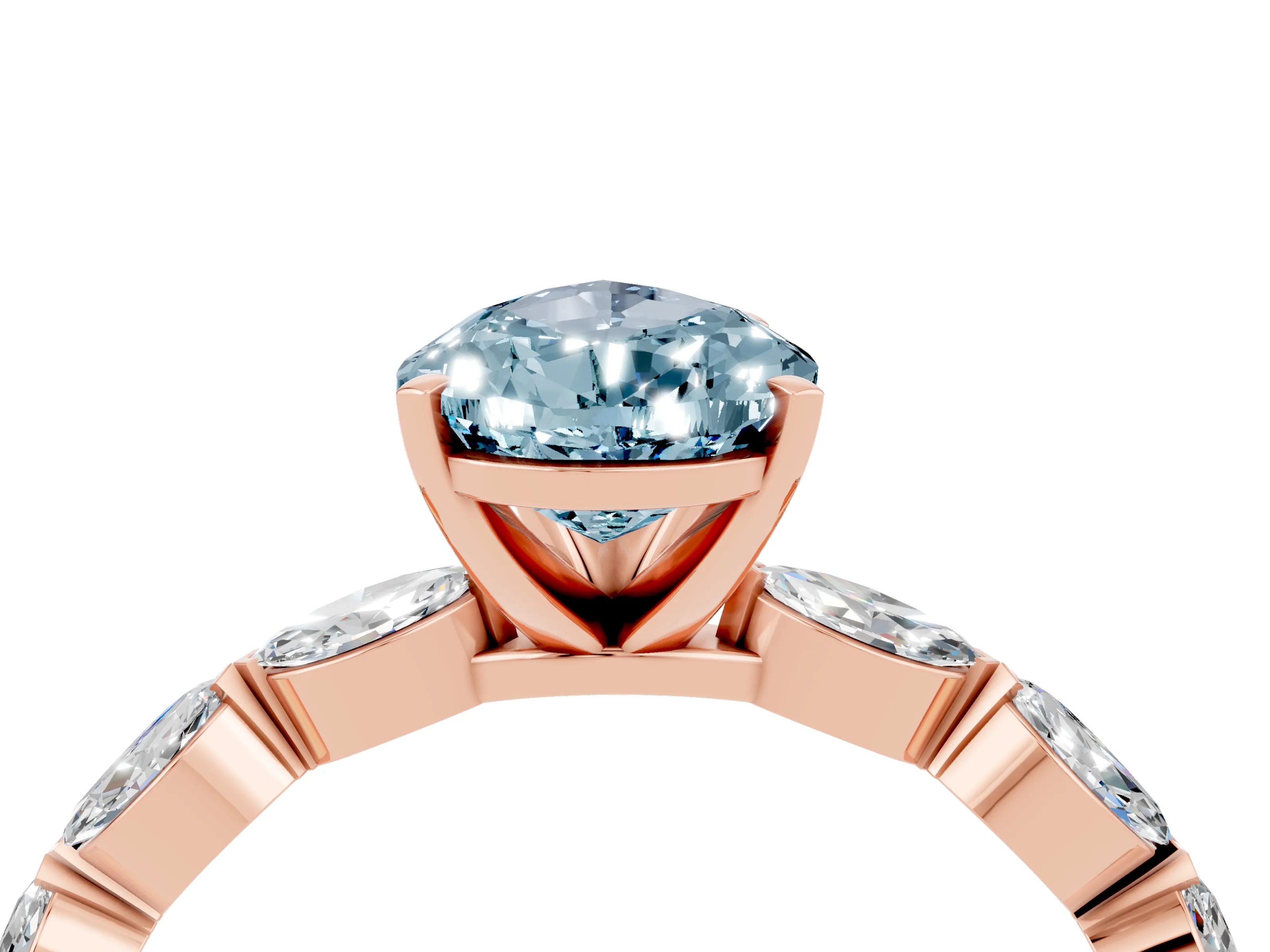Rose gold Pear Cut Aquamarine Ring with Marquise Side Stones and Prong Setting_4