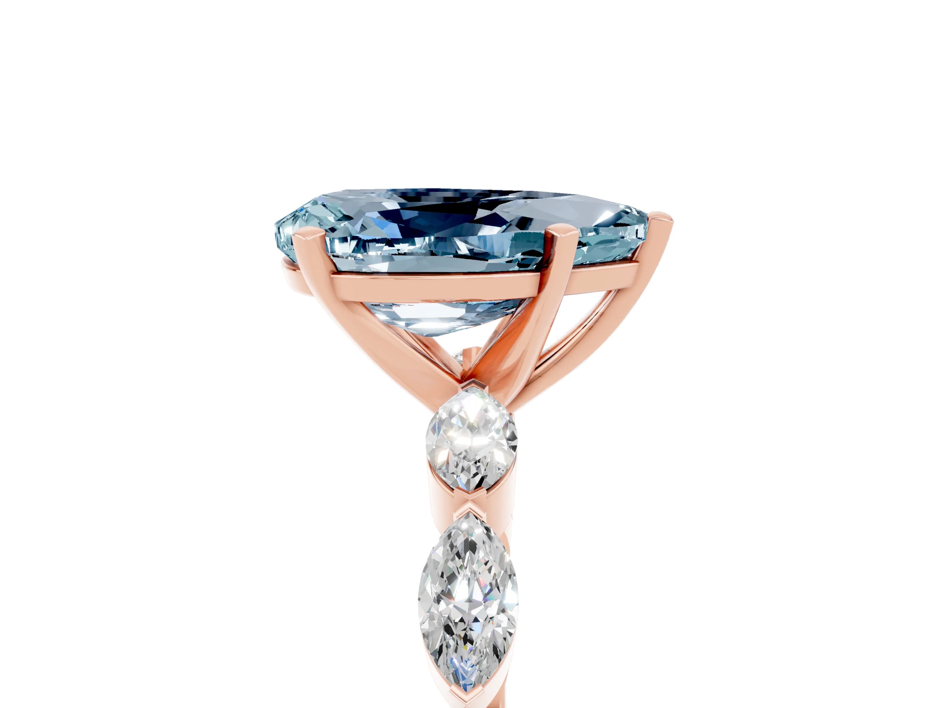 Rose gold Pear Cut Aquamarine Ring with Marquise Side Stones and Prong Setting_5