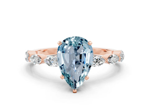 Rose gold Pear Cut Aquamarine Ring with Marquise Side Stones and Prong Setting