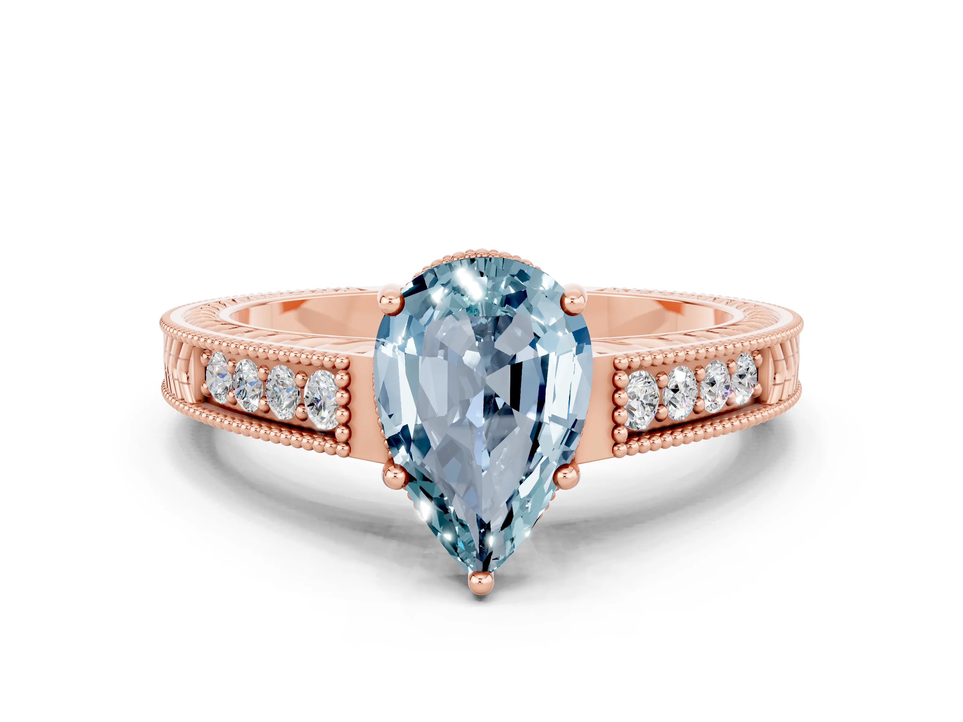 Rose gold Pear Cut Aquamarine Ring with Milgrain Pavé Band and Four-Prong Setting_12