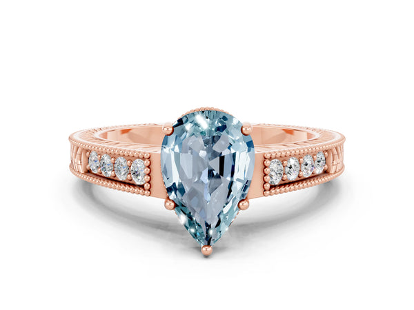Rose gold Pear Cut Aquamarine Ring with Milgrain Pavé Band and Four-Prong Setting