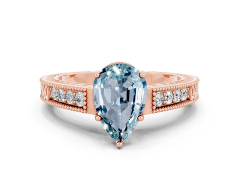 Rose gold Pear Cut Aquamarine Ring with Milgrain Pavé Band and Four-Prong Setting_12