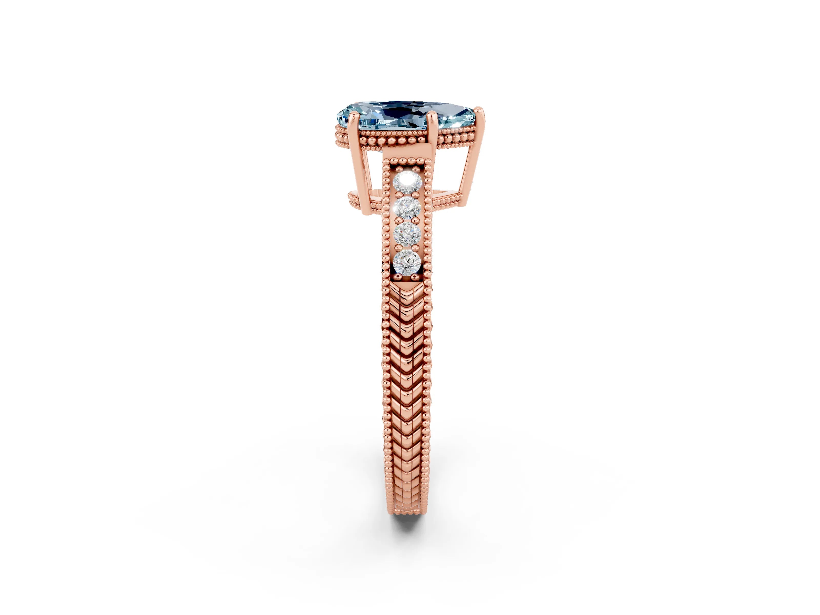 Rose gold Pear Cut Aquamarine Ring with Milgrain Pavé Band and Four-Prong Setting_14