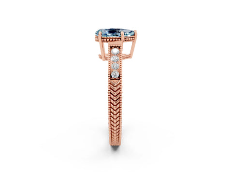 Rose gold Pear Cut Aquamarine Ring with Milgrain Pavé Band and Four-Prong Setting_14