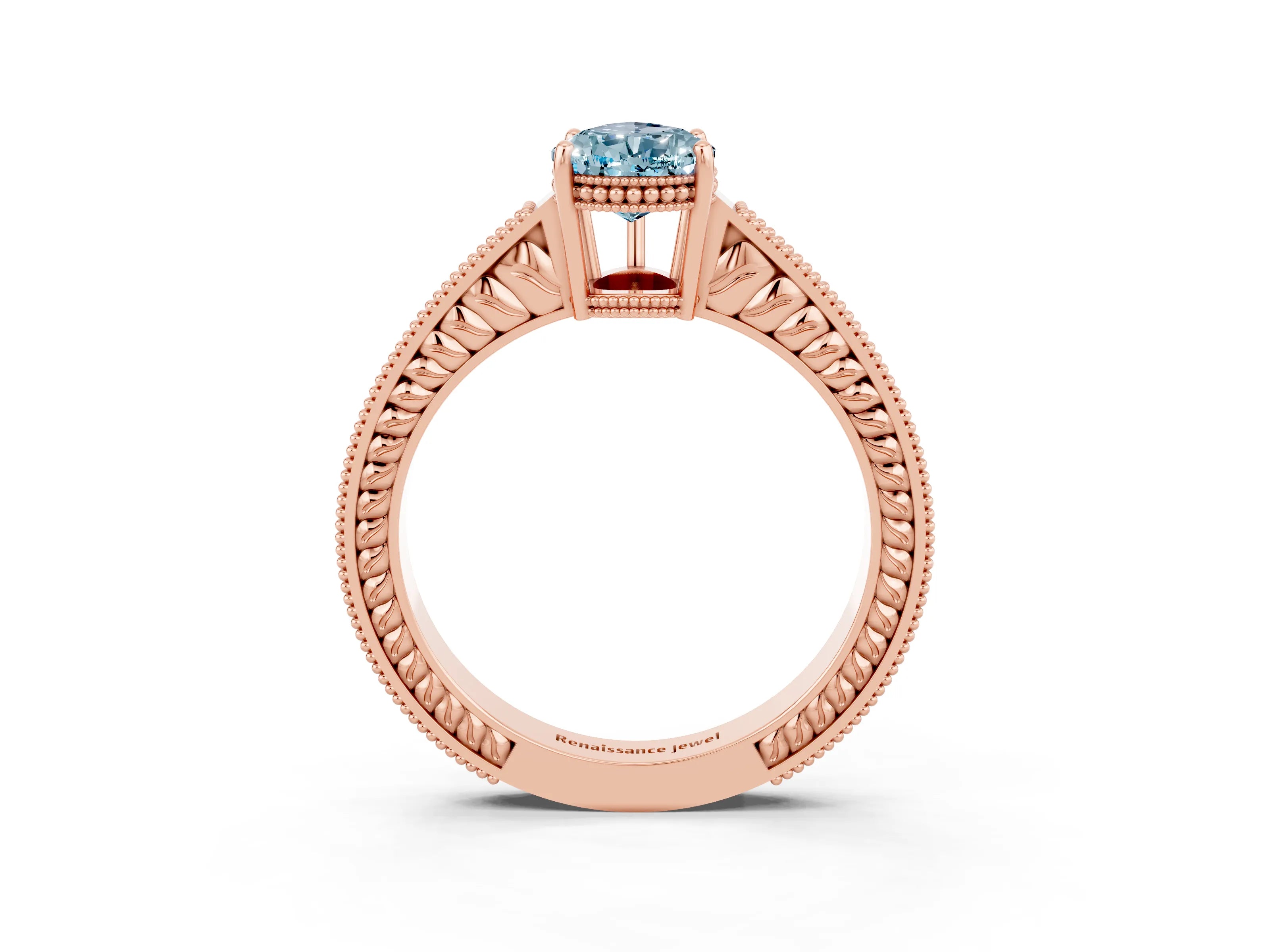 Rose gold Pear Cut Aquamarine Ring with Milgrain Pavé Band and Four-Prong Setting_15
