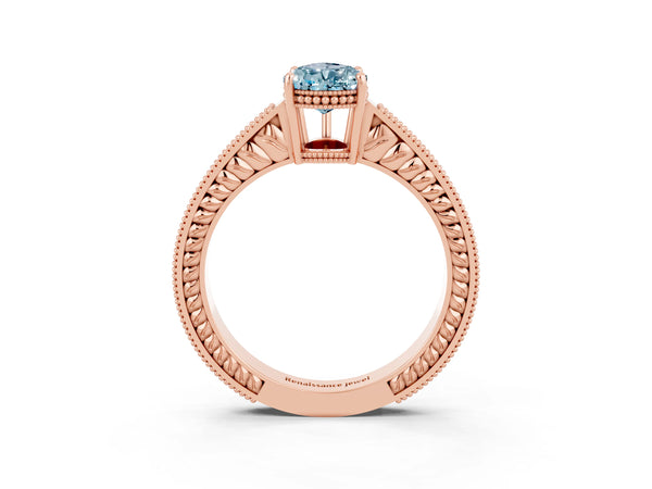 Rose gold Pear Cut Aquamarine Ring with Milgrain Pavé Band and Four-Prong Setting