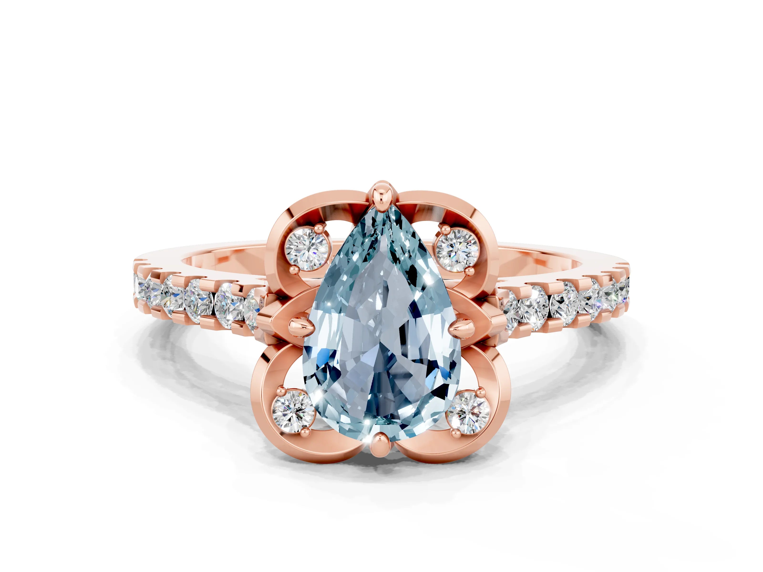 Rose gold Pear Cut Aquamarine Ring with Pavé Band and Floral Prong Setting