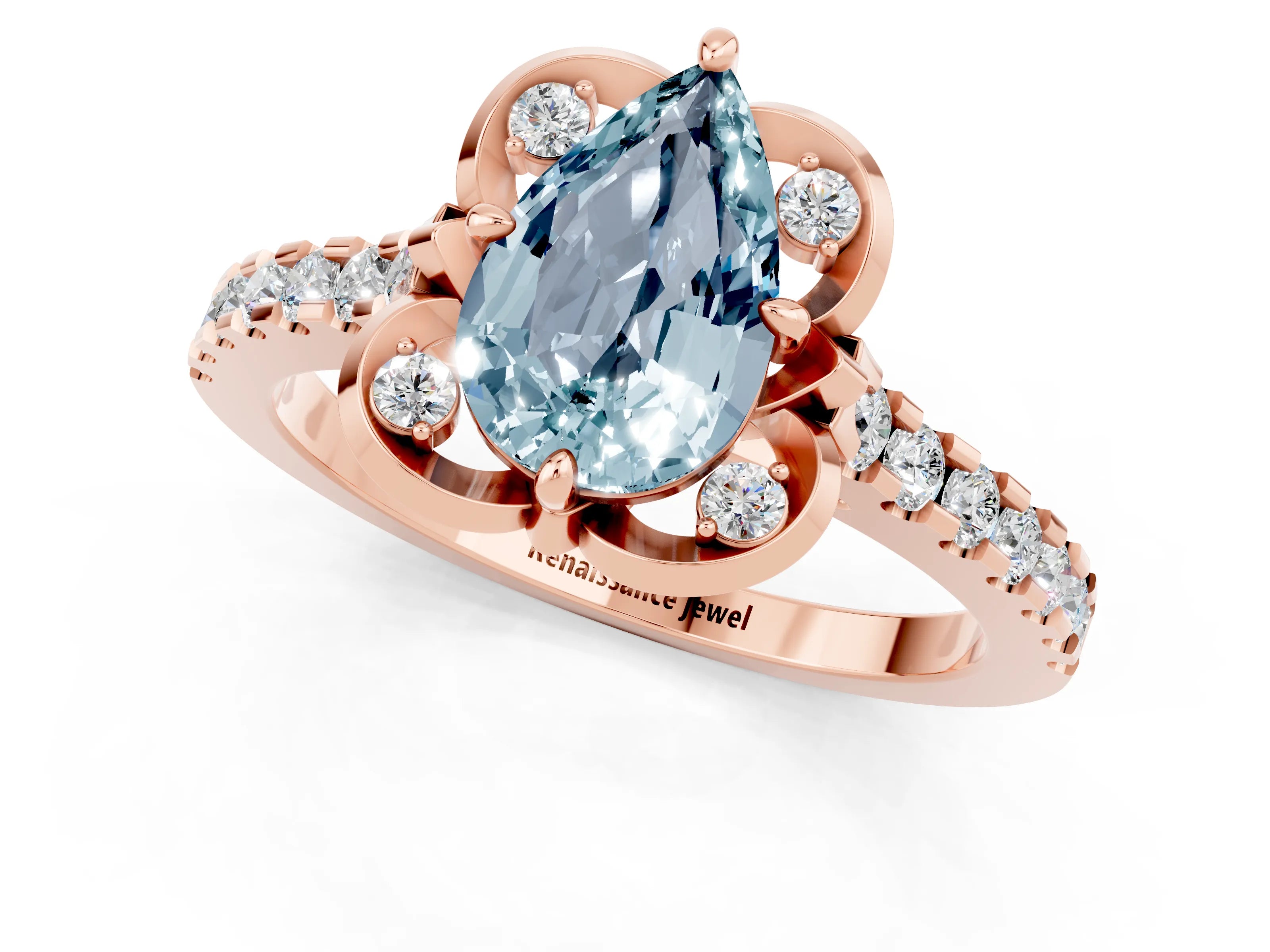Rose gold Pear Cut Aquamarine Ring with Pavé Band and Floral Prong Setting_1
