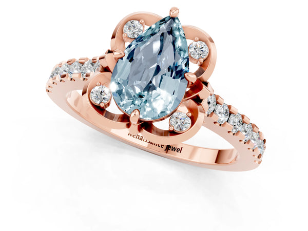Rose gold Pear Cut Aquamarine Ring with Pavé Band and Floral Prong Setting